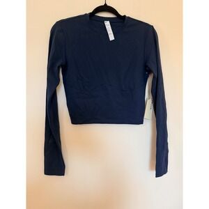 INGIA Womens Navy Blue Long Sleeve Crop Top Athletic Yoga Shirt Size Large NWT
